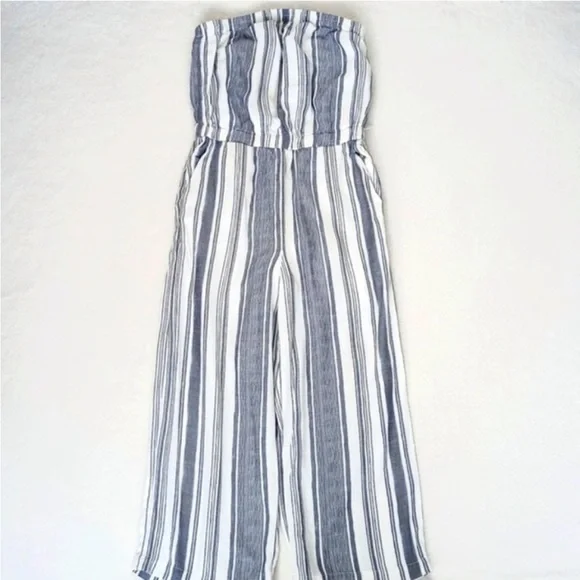Naked Zebra Denim Blue & White Stripe Rayon Strapless Cropped Pantsuit Jumper S - Picture 3 of 11